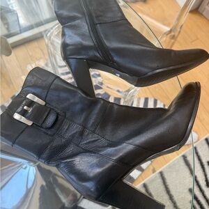 Tahari Black Leather Mid-Calf Heeled Booties
